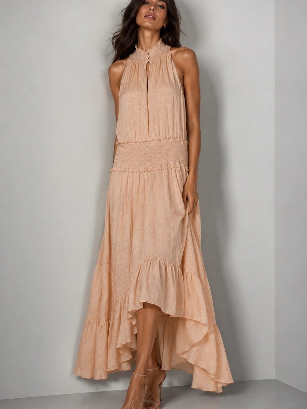 A.L.C. Maxi Dress Silk Fil Coupe Smocked Waist 4 Wedding Guest